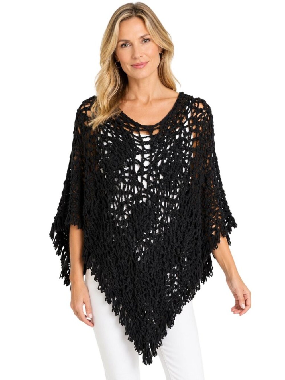 Black Handmade Open Crochet Fringe Poncho One Size